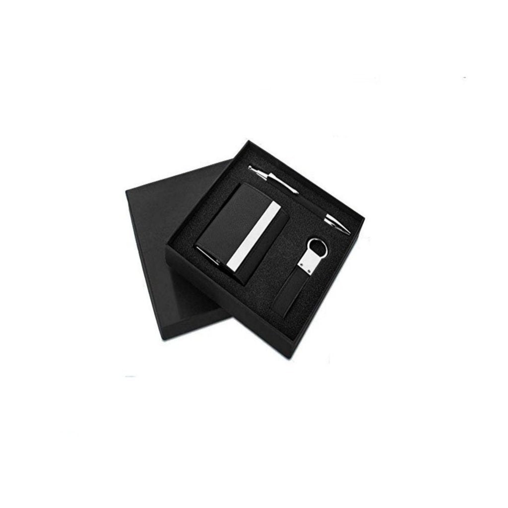 UDF 3pc Gift Set Double Side Card Holder & PU Keychain , PU Pen(Silver Engraving Color) QCGH31