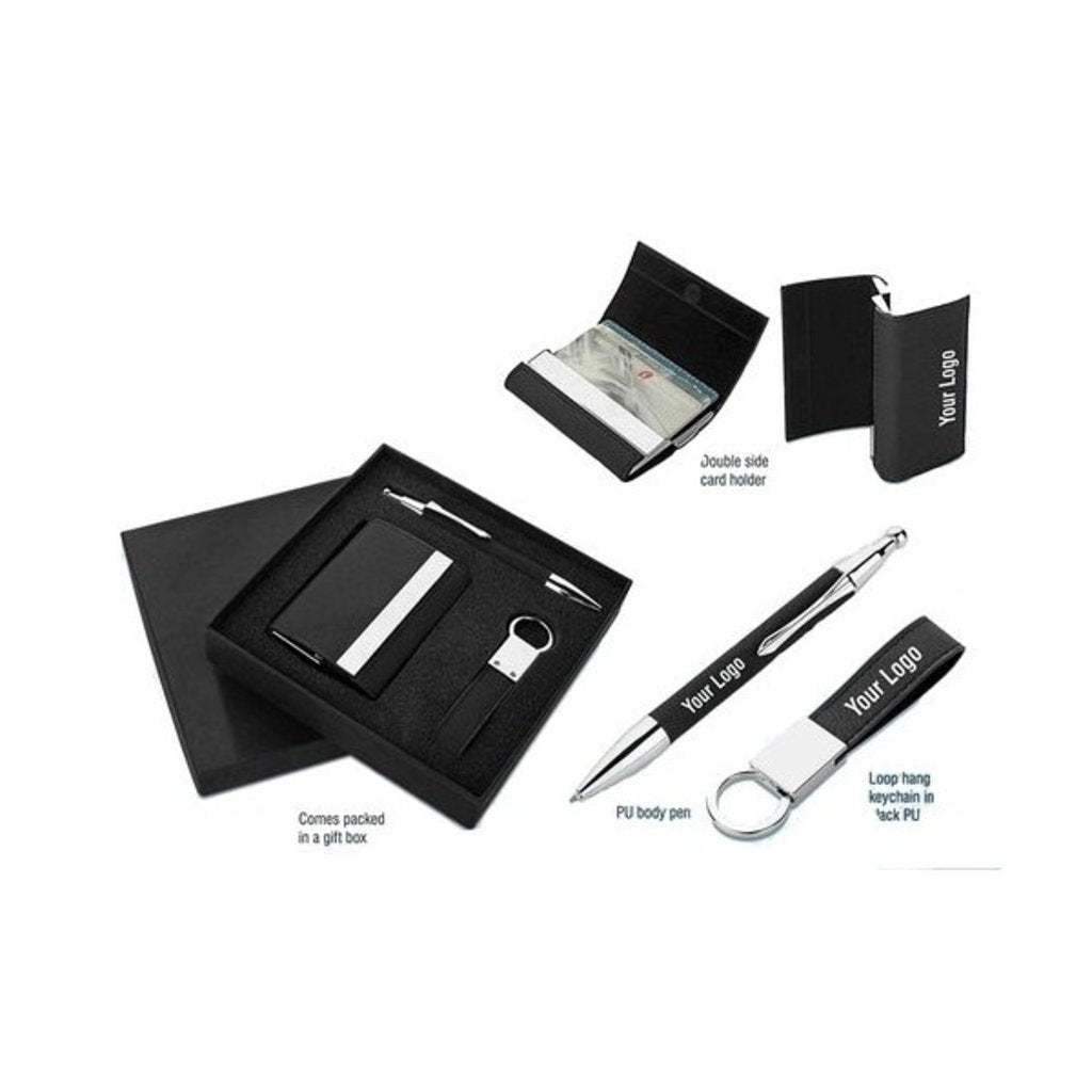 UDF 3pc Gift Set Double Side Card Holder & PU Keychain , PU Pen(Silver Engraving Color) QCGH31